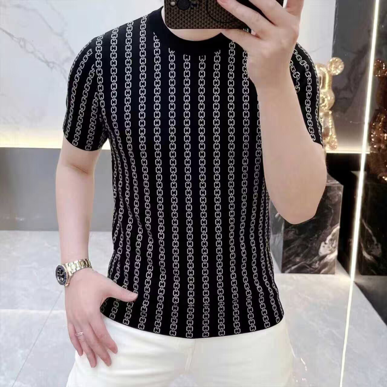 2026 High-End Ice Silk Short Sleeve T-Shirt For Men, Breathable, Cool, Slim Fit, Vertical Stripes, Summer Wear, Unique Style - view 3