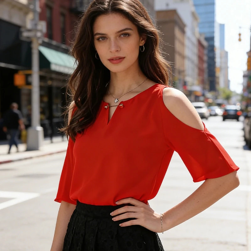 Off Shoulder Short Sleeve Summer Blouse Womens Solid Red V Neck Shirt Casual Loose Top Elegant Office Lady Simple 2026 Blouses 260626 - view 7