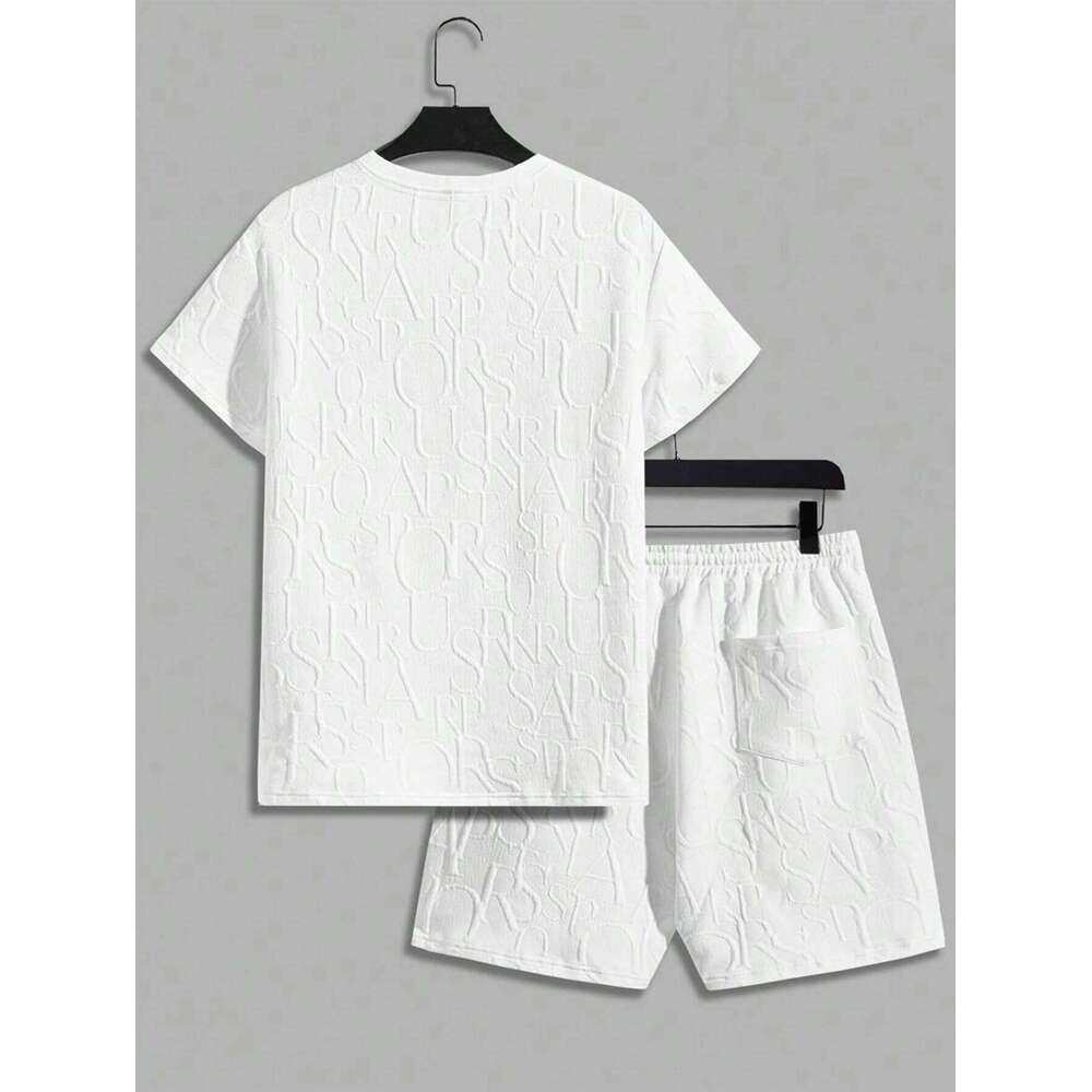 Men's Textured Letter Patched Round Neck Tee Drawstring Two-Piece Set Regular Fit Casual Short Sleeve T shirt & Shorts 26Y0626 - view 3