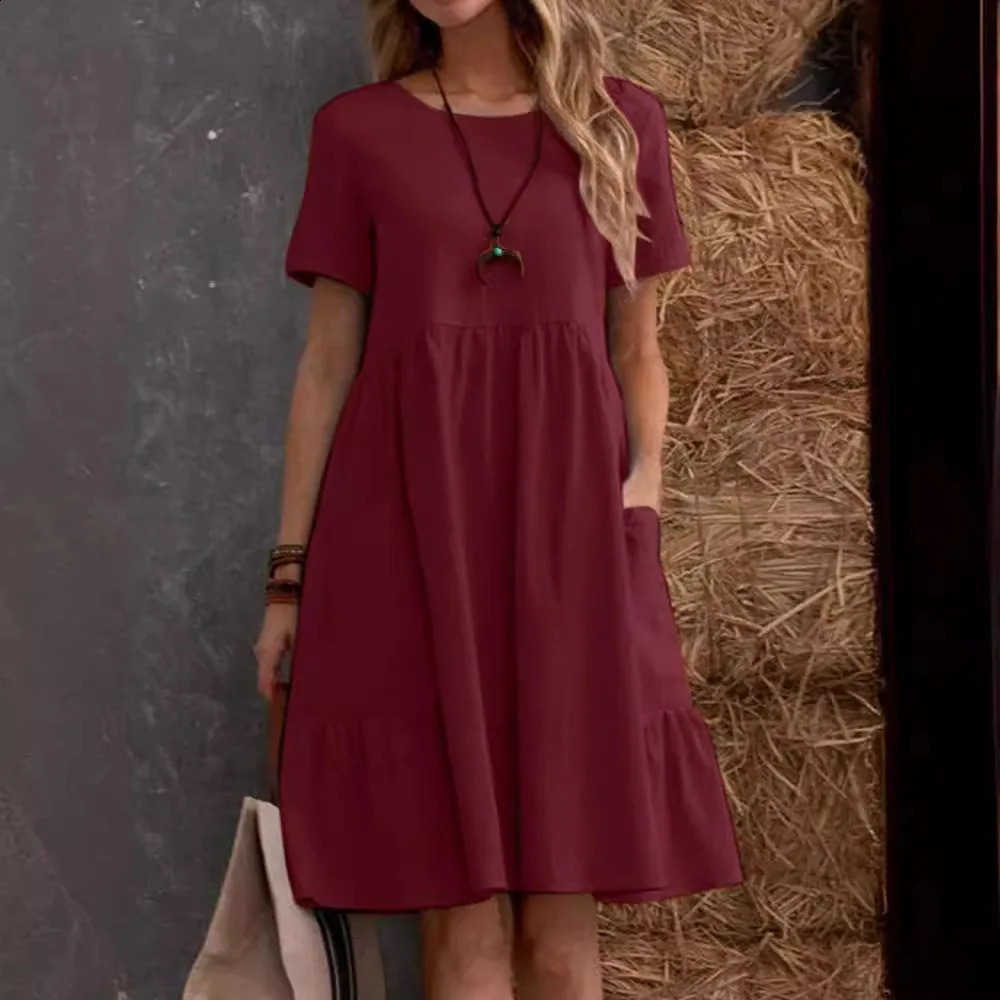 2026 Summer Simple O Neck Loose Fit Womens Short Sleeve Casual Dress Classic Solid Color ALine Midi with Pockets Outfit 260625 - view 3
