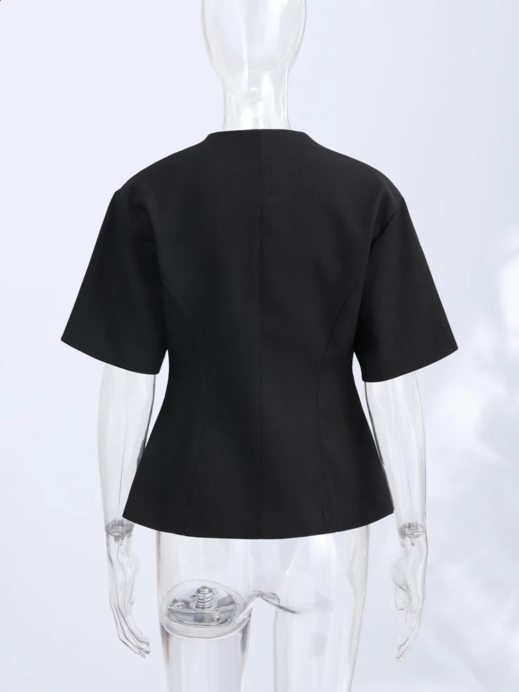 Elegant Womens Short Sleeve Blazer Coat One Button V Neck Waist Cinching Jacket 2026 Spring Summer Daily Outwears 260625 - view 3