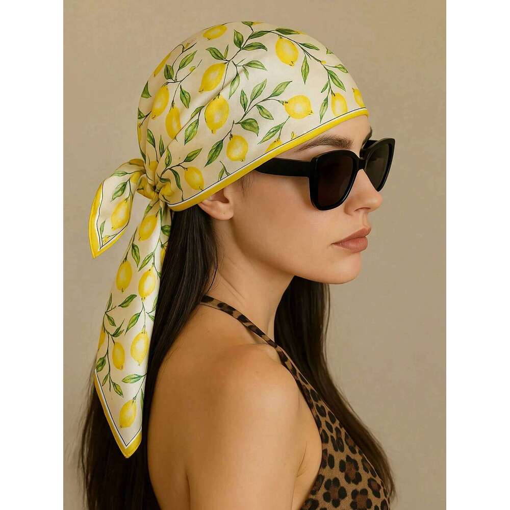 Summer Beach Yellow Lemon Print Silk Hijab Scarf Women Neck Ties Sunscreen Decorate Neckerchief 70*70cm Square Scarves 26Y06226 - view 6