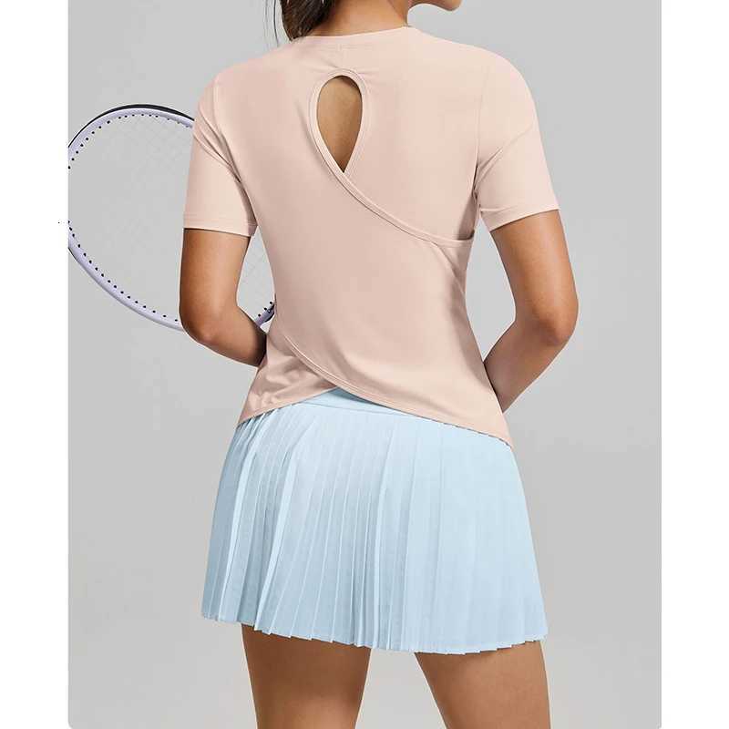 Womens Keyhole Activewear Fashion Set Crew Neck Short Sleeve Top Pleated Skort 2 Piece Yoga Sets Running Fitness Yoga Wear M260626 - view 6