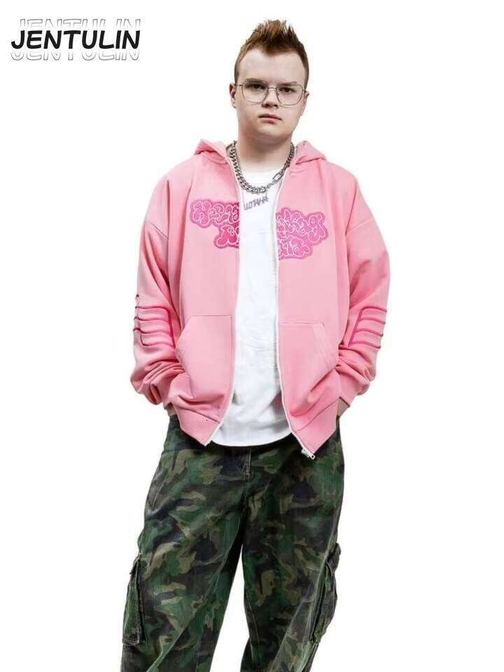 Y2K Retro zip up Hoodie Men Embroidery Pink Zipper Sweatshirt Cartoon Hiphop Streetwear Oversize Korean Graphic Jacket Goth W260626 - view 6