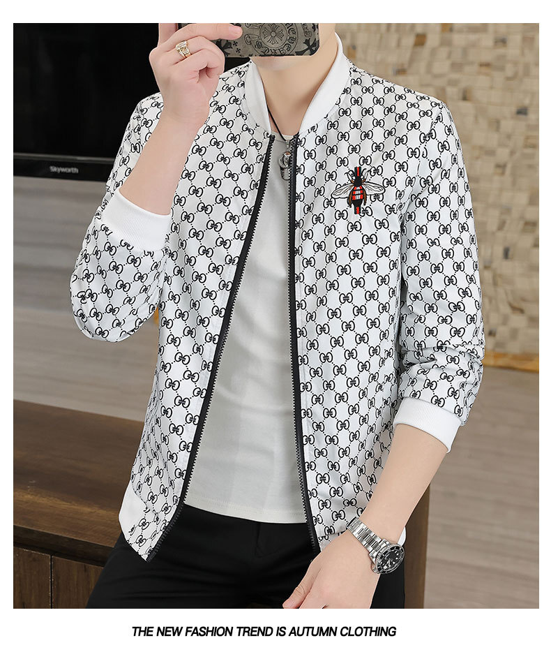Men's Slim-Fit Jacket, Casual Hooded Long-Sleeve Outerwear with Beige and Black Animal Print Monogram Applique, Acetate Fabric, Zipper Closure for Out - view 4