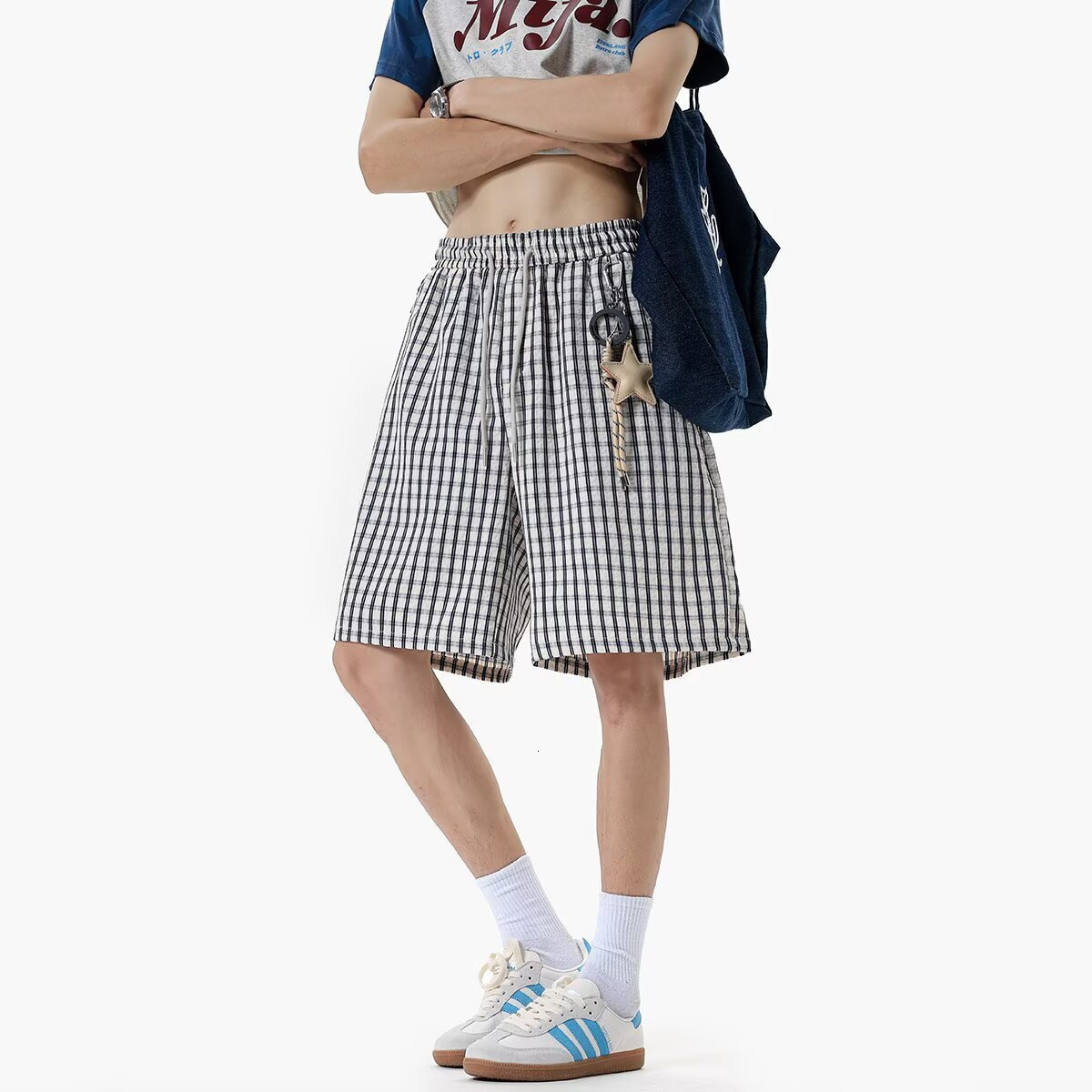Blue Star Pendant Plaid For Boys, Summer Thin Quick-Dry Loose Casual Beach Shorts Trendy