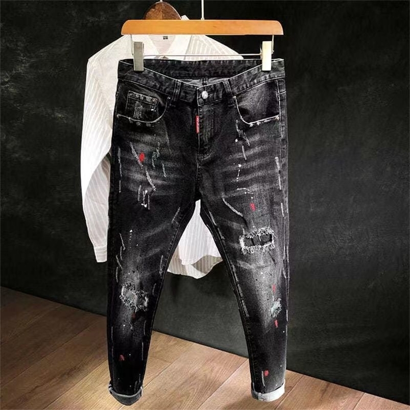 Autumn Korean Style Work Ripped Hole Black Cowboy Hip Hop Dotting Ink Slim Jeans Mens y Denim Pants for Men 260618CJ