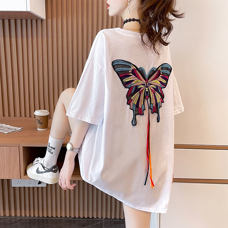 Women's Butterfly Embroidery T-Shirt, Casual Tie-Dye Cotton Blend Top with Loose Kimono Short Sleeves, Breathable Crew Neck and Button Detail for Ever - view 1