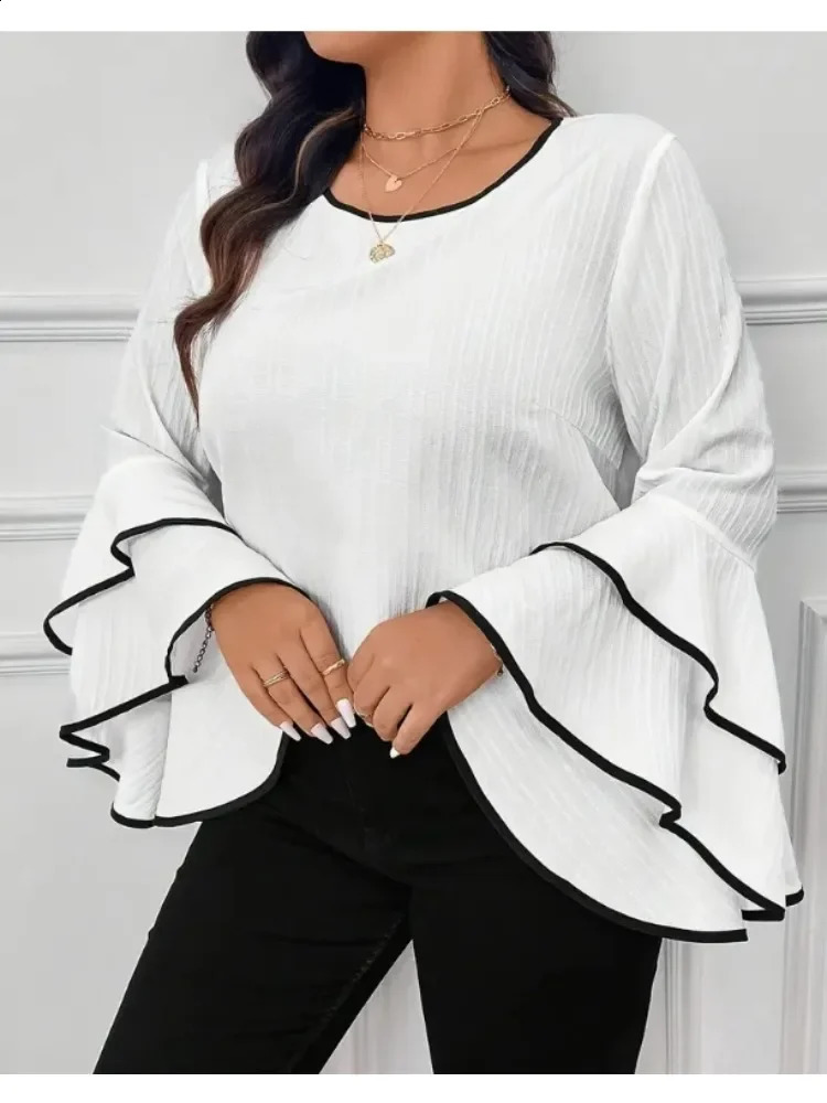 Womens Large Size T-shirt Spring/summer Relaxed Casual Solid Color Crew-neck Flared Long-sleeved Top 260626