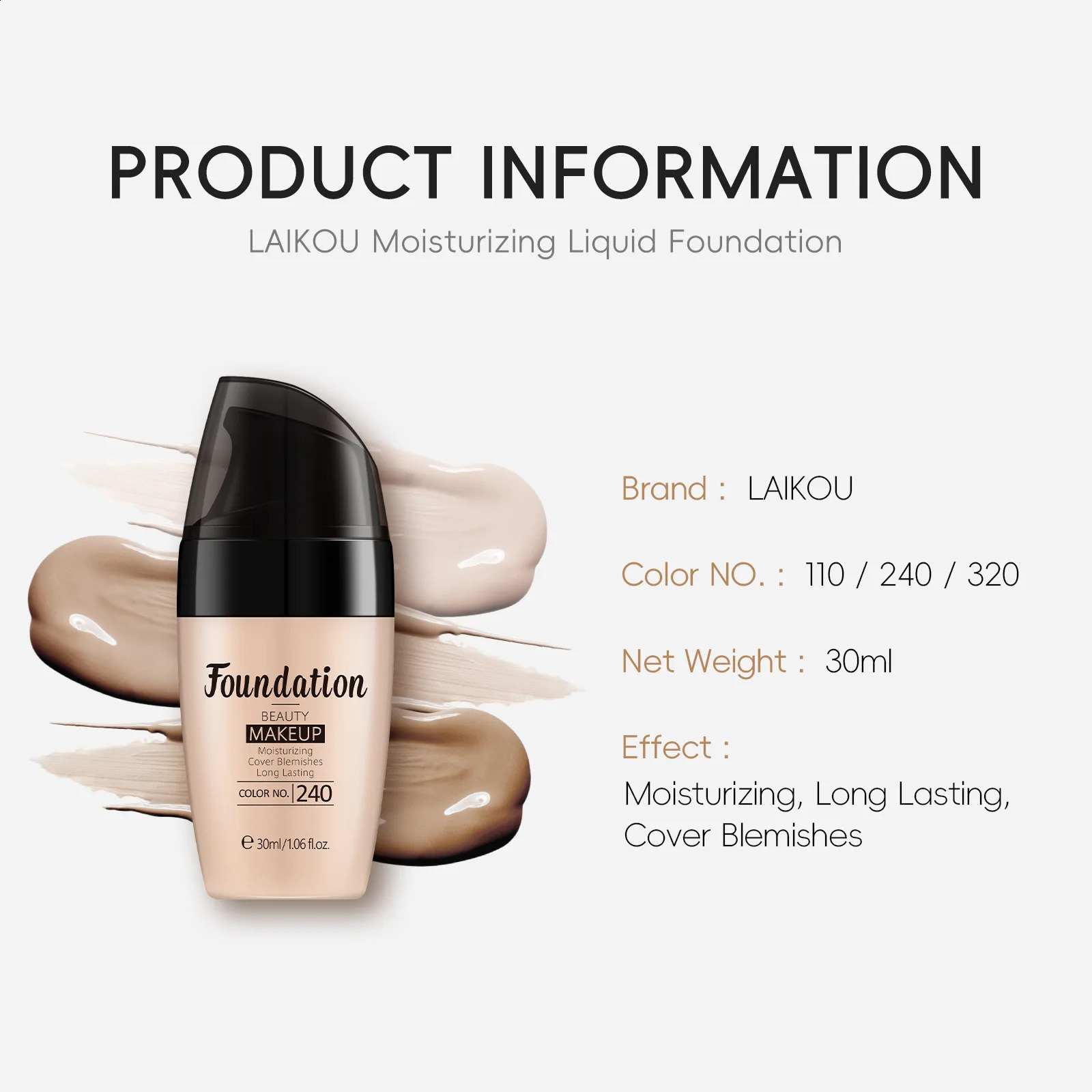 LAIKOU Liquid Foundation Multiple Shades Hydrating Natural Finish Creamy Full Coverage Makeup Base Long Lasting Wear 30ml 260625 - view 3
