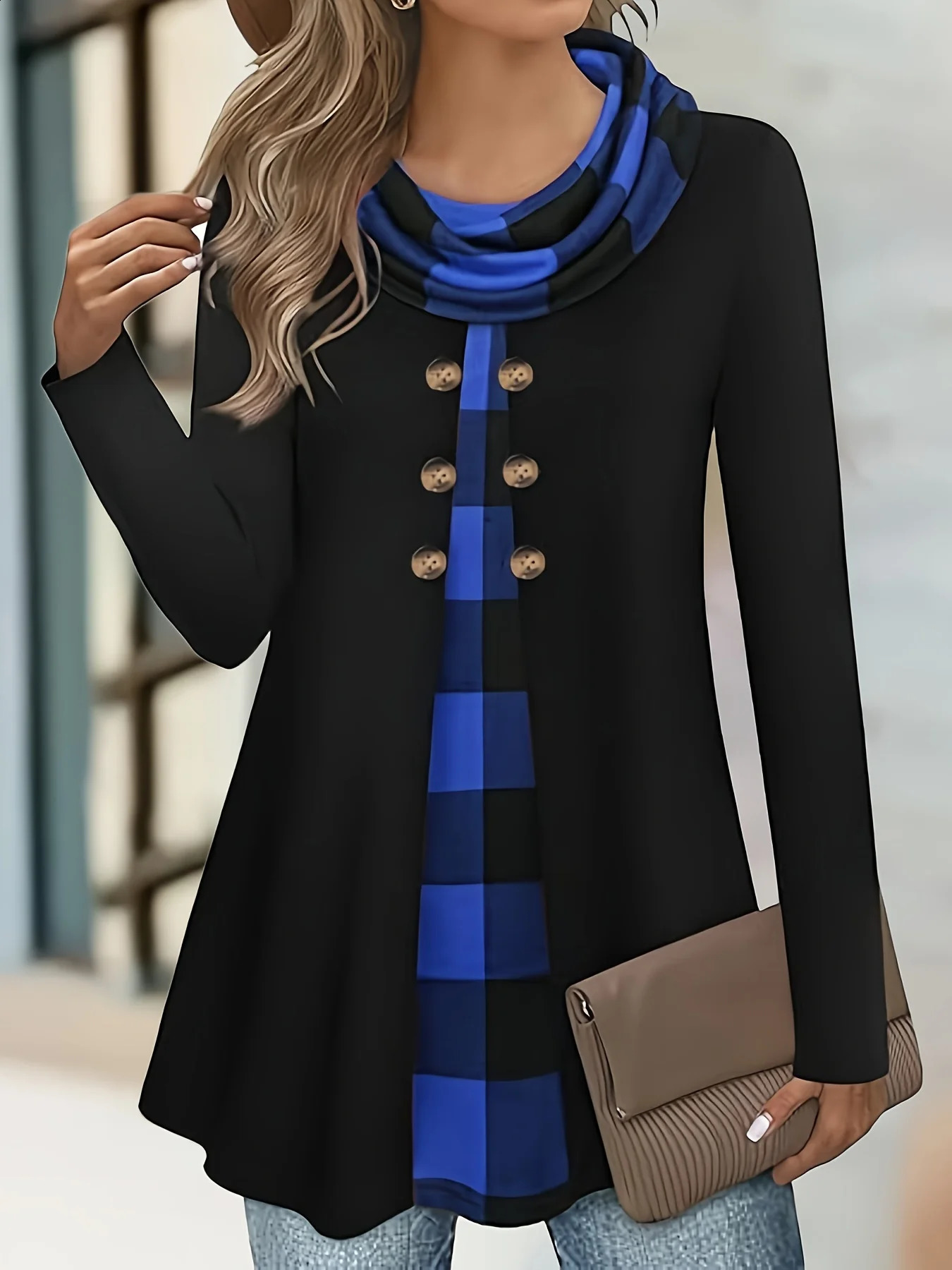 European and American fashion plaid print fake two-piece pleated scarf wild button plus size womens thin long-sleeved T-shirt 260626 - view 4