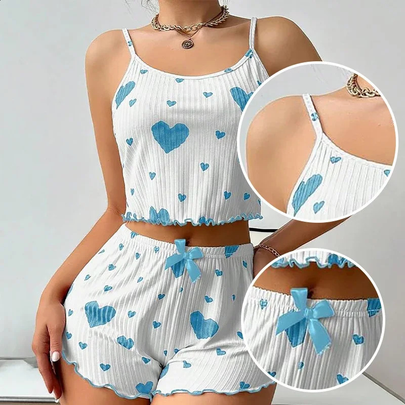 Womens Pajamas Set Sleepwear 2 PCS Short Tank Tops And Shorts S M L White Ventilate Soft Casual Love Printing 260625 - view 7