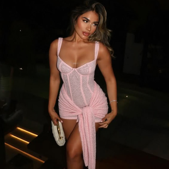 Womens Strap Mini Dress Womens Lace Deep V Waist Cinch Tie Hip Hugging Slim Fit Sexy Gown For Women Daily Date Nightclub Party Outfits