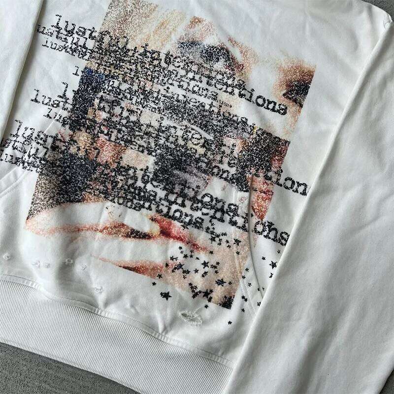 Artistic Design Patterns Printing Casual Loose White Distressed Pullover Hoodie Y2K Fashion Men Women Versatile Trend Streetwear W260626 - view 4