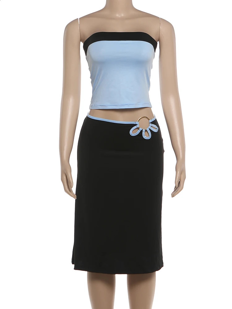 Weird Puss Sexy Vacation 2 Piece Set Women Trend Color Blocking Sleeveless Tank TopMetal Ring Hollow Skirt Fashion Party Suits 260625 - view 7