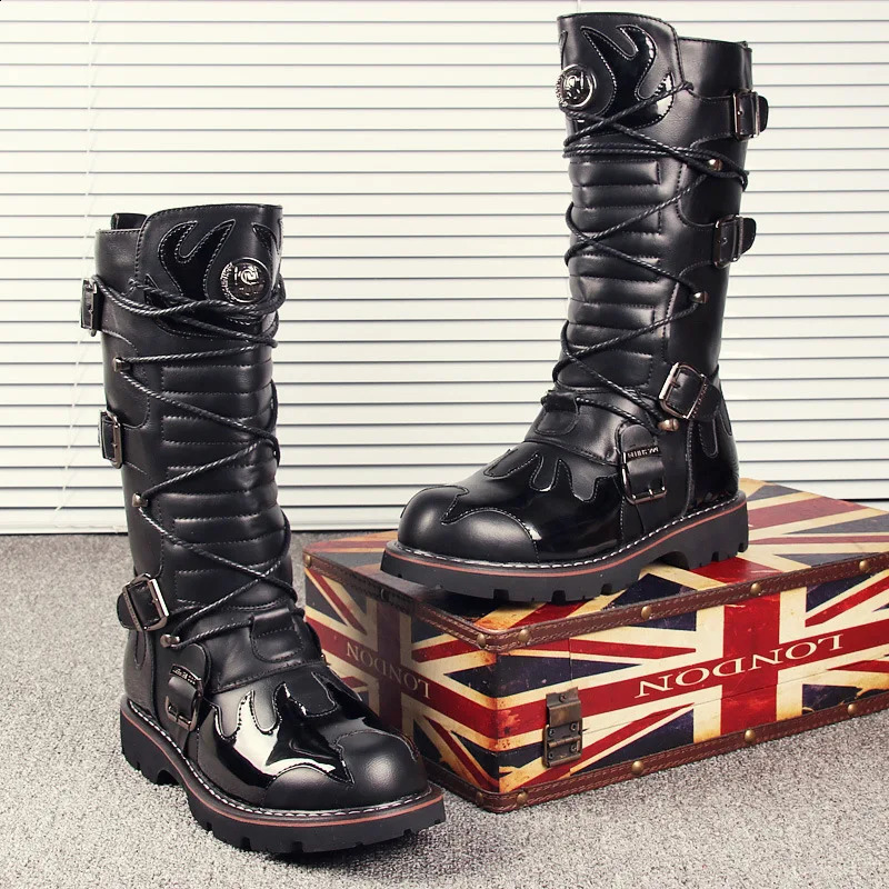 Mens Motorcycle Boots Knee-High Leather Boots Winter Male Gothic Punk Shoes Mens Outdoor Tactical Boots Casual Tooling Boots 48 260625 - view 4