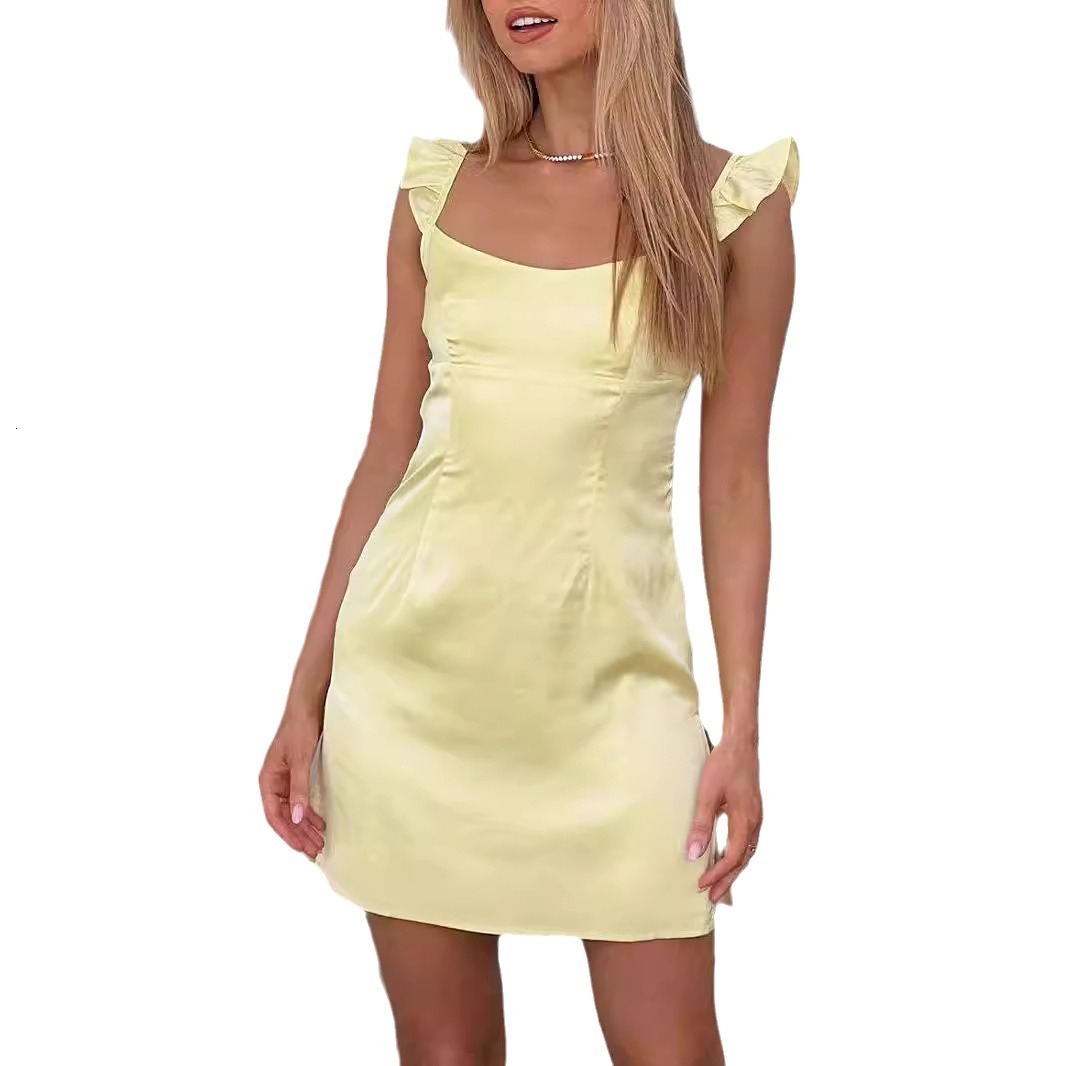 Womens Mini Dress Womens Solid Satin Ruffle Thin Spaghetti Strap Sleeveless Soft Short Gown For Women Daily Elegant Dinner Vacation Outfits - view 6