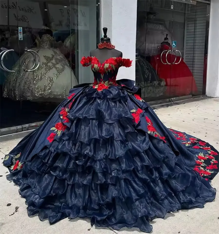 Navy off-shoulder dress with red roses, layered ruffles, and long train, matching necklace, Quinceanera vintage dress
