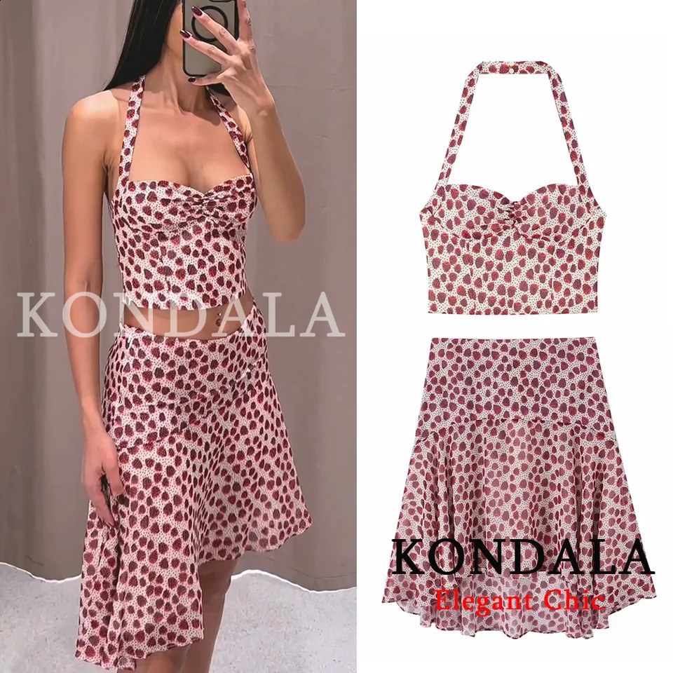 KONDALA Women Holiday Beach Print Trendy Skirt Set Backless Halter Top Midi Fashion 2026 Spring Summer Date 260626
