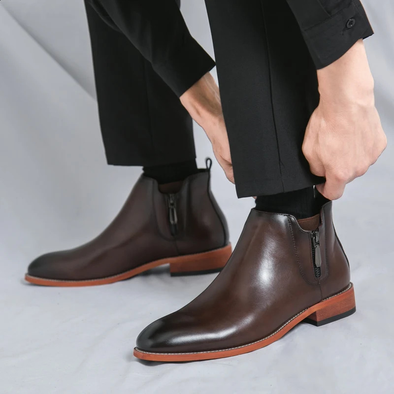 Mens PU Leather Chelsea Boots Classic Pointed High Top Dress Shoes Brown Business Banquet Commuting Short Boots for Men 260626 - view 5