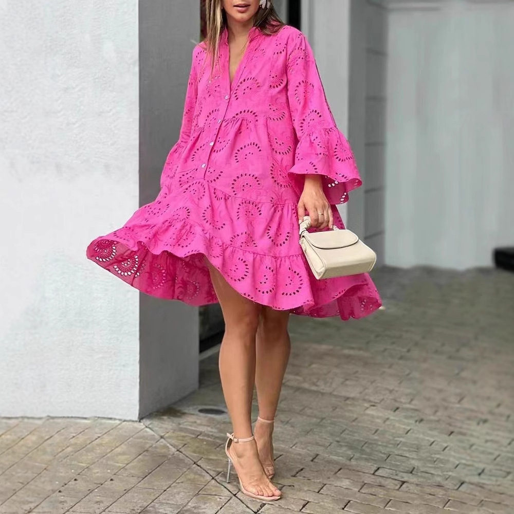 2025 European And American Spring/Summer Solid Color V-Neck Loose Embroidered Hollow Lace Floral Sexy Dress Sun Protection Clothing - view 3