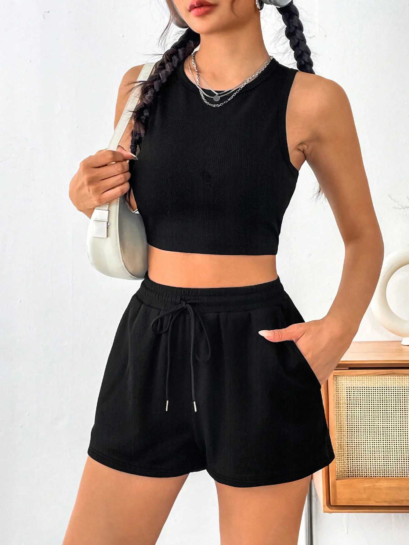 Casual Shorts for Women Fashion Ribbed Fabric Drawstring Adjustable Waist Lightweight Soft Daily Outdoor Sports Vacation Shorts M260626 - view 6
