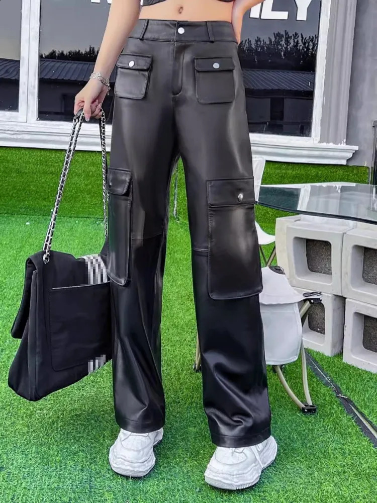 Boyfriend Style Women Multi Pockets Straight Pants Sheepskin Genuine Leather Cargo Spring Autumn Long Trousers Female 260625 - view 5