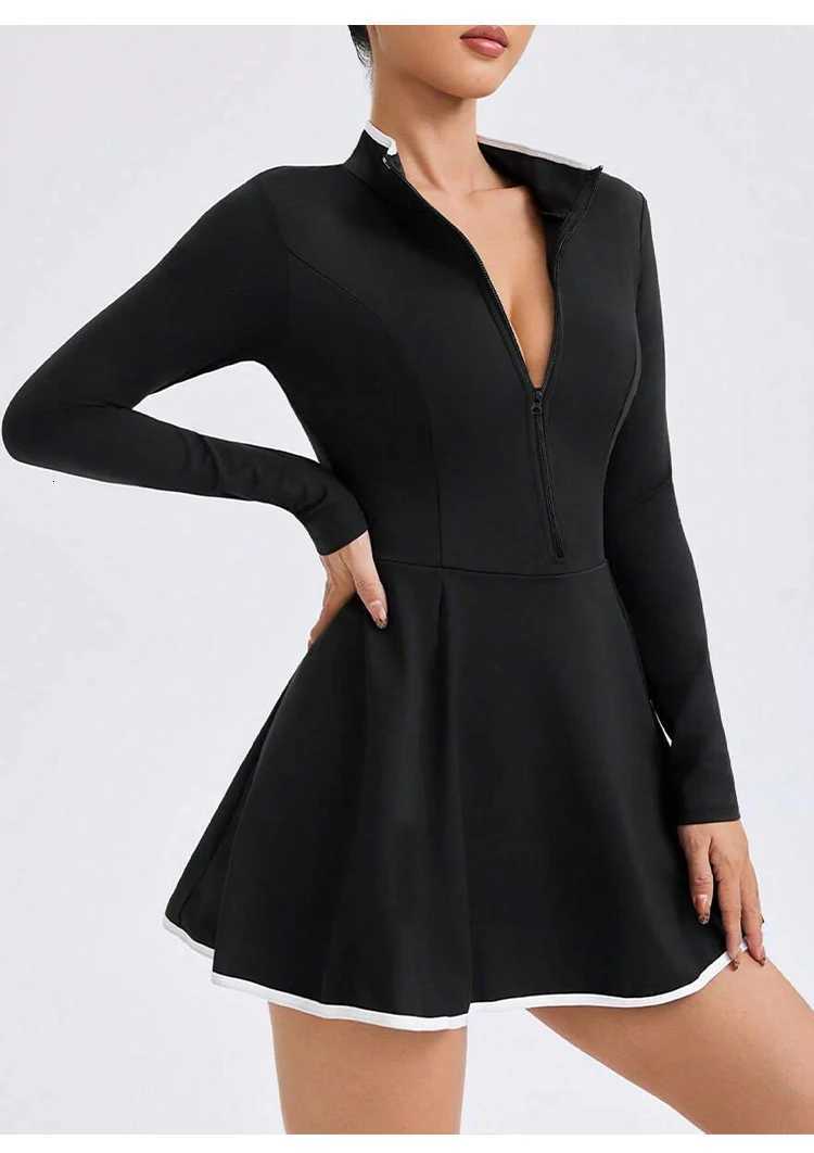 DrESS Womens Sports Long SLEeve Jumpsuits High Waist breathabLE Casual DrESSes with Shorts Slim Fit Collared Sports Skirts M260626 - view 4