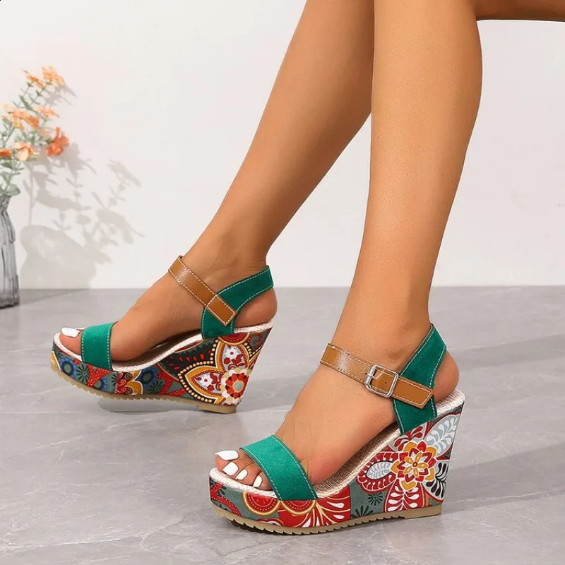 10CM Heeled Sandals Embroider Buckle Strap Opentoe Platform Summer Largesize Wedge Fashion Women Party Dress Shoes 260626 - view 6