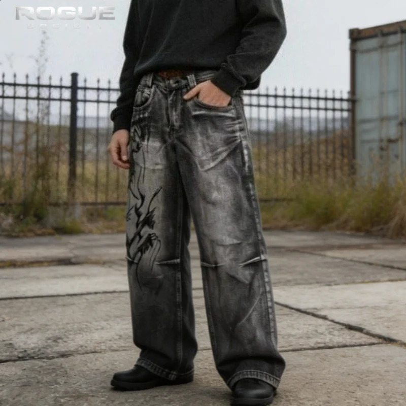 y American Vintage Y2K Graphic Distressed Men Baggy Wide Leg Jeans Pocket Hip Hop Summer High Street Harajuku Denim Pants 260625