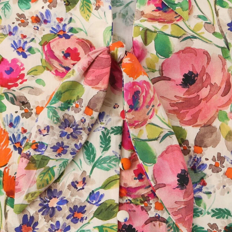 2026 Summer Women Oil Painting Floral Print Blouse Bow Tie Neck Puff Short Sleeve Shirts Vintage Holiday Casual Tops 260626 - view 7