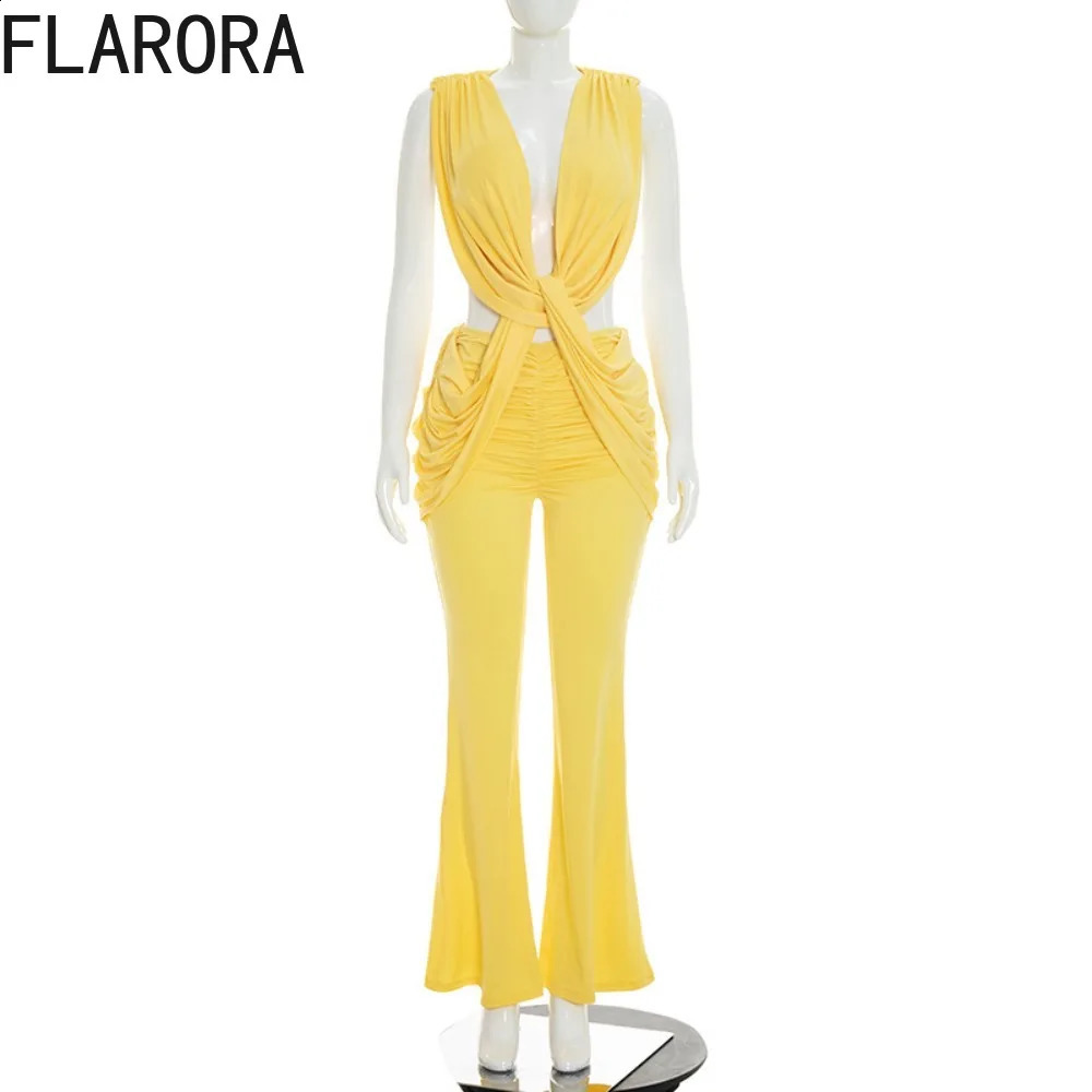 FLARORA Sexy Cross Knot Ruched Flare Jumpsuits Woman Chic Deep V Sleeveless Backless Peach Hip Skinny Playsuits Party Clubwear 260626 - view 6