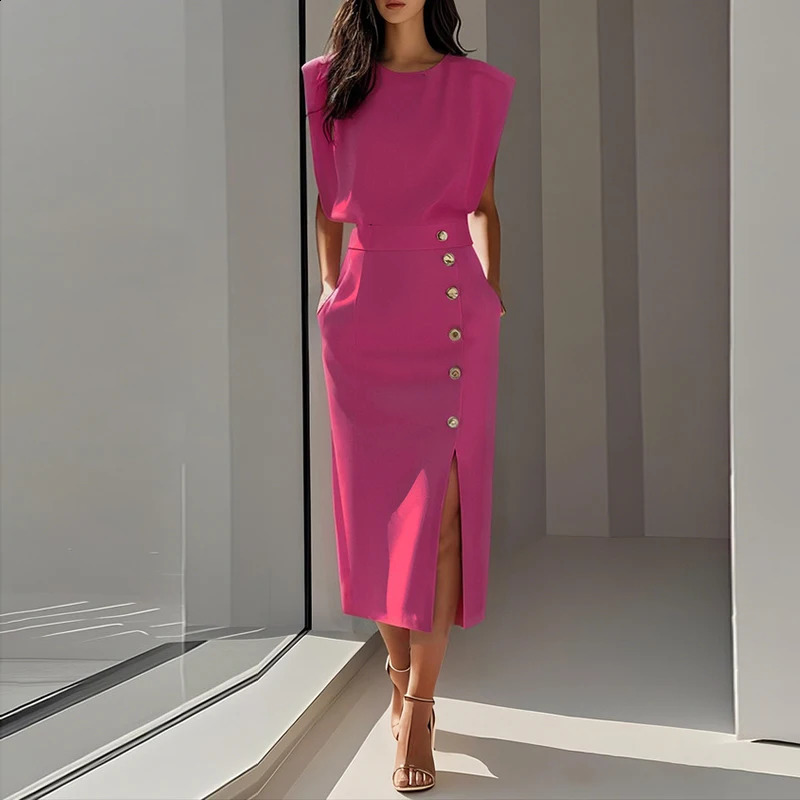 Summer Fashion O Neck Split Women Dress Elegant Solid Slim Button Party Dress Casual Sleeveless High Waisted Office Lady Dresses 260626 - view 7