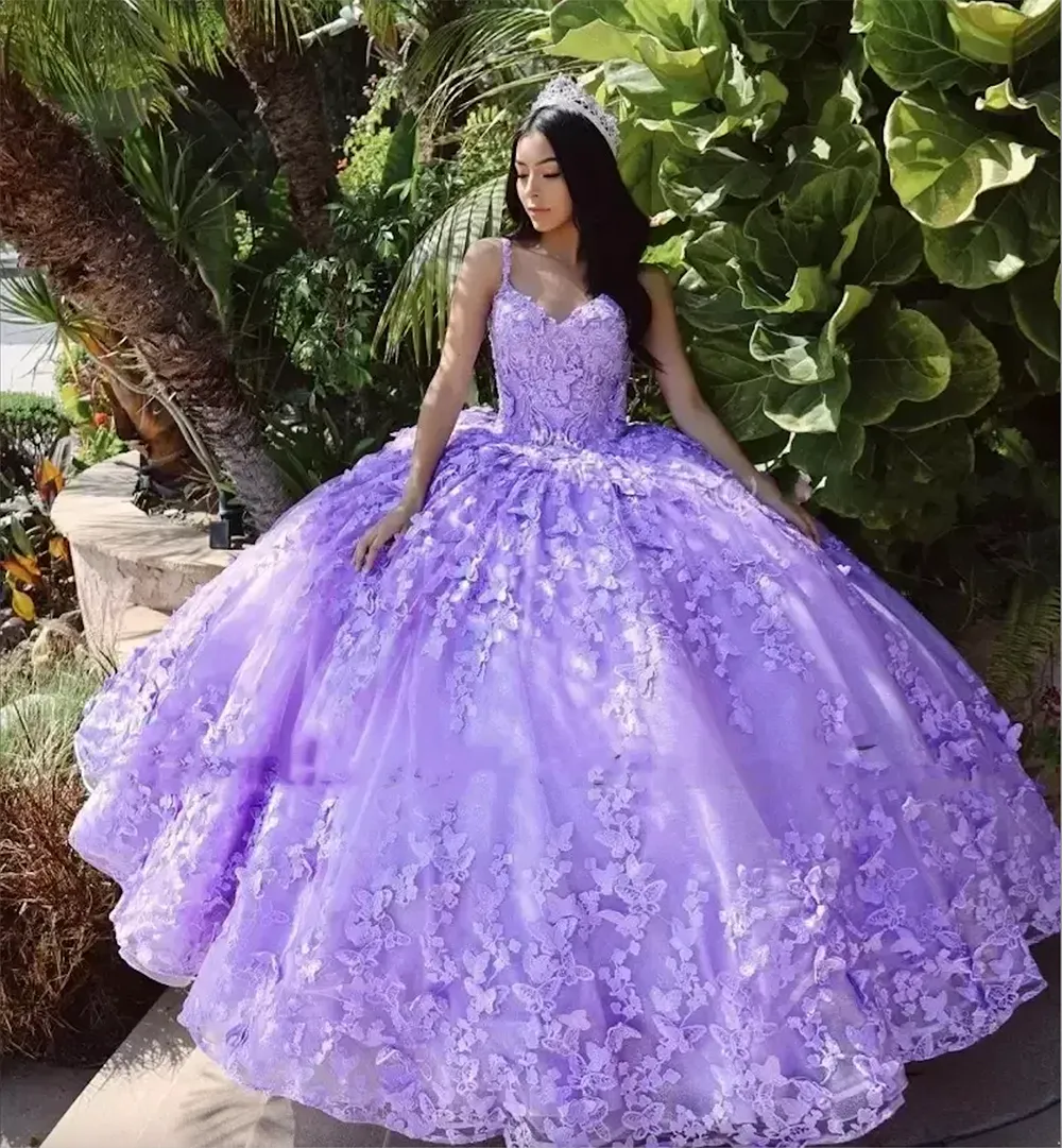 Taro Purple Heavy Beaded Butterfly Flower Tulle Ball Gown Quinceanera Dreamy Princess Dress - view 4