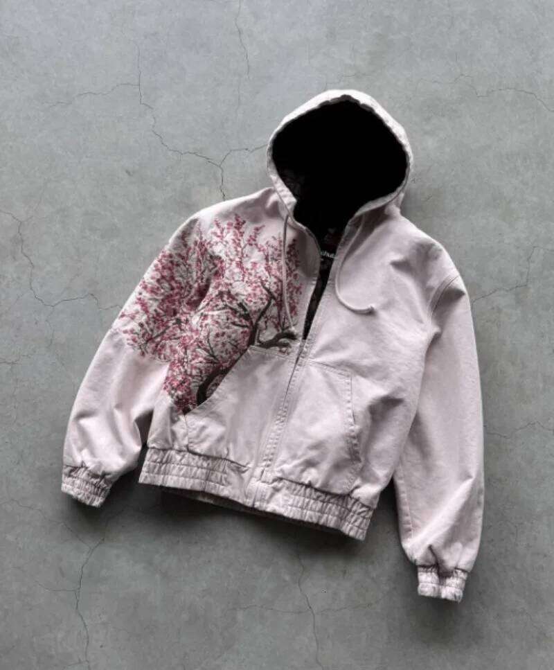 Harajuku Plum Tree Embroidered Oversized Pink Zipper Hoodies For Men and Women Y2K New Gothic Fashion Retro Street Sweatshirts W260626