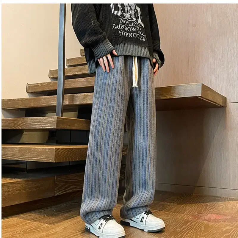 All Match Thick Loose Straight Leg Pants with Autumn and Winter Stripes Woolen Drape Casual Mens Retro 260625 - view 3