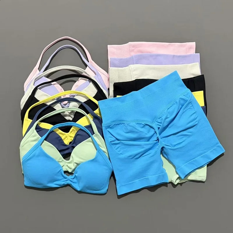 HISTELLO Sports Set 2 Piece Women Strappy Gym Yoga Bra Workout Scrunch Shorts Fitness Sports Suit Clothes Seamless Yoga Set 260626