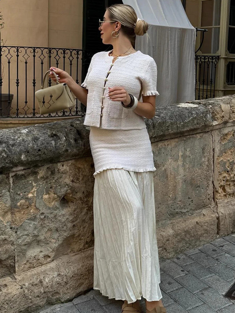 HH Casual Knitted Cardigans Skirts Suits For Women Short Sleeve Knit TopSheath Patchwork Pleated Long Skirt Streetwear 260625 - view 5