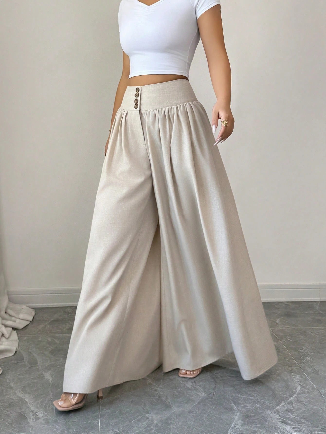 Women Khaki High Waist Wide Leg Pants Button Detail Pleated Front Loose Fit Casual Trousers Office Vacation Spring Summer 260625 - view 7