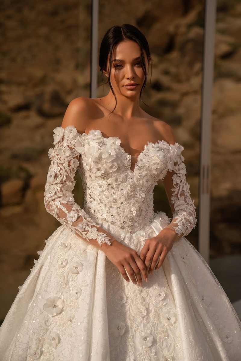 Glamorous A Line Wedding Dresses Off Shoulder Long Sleeve Flowers Appliques Bridal Gowns Arabic Robe De Mariage - view 6