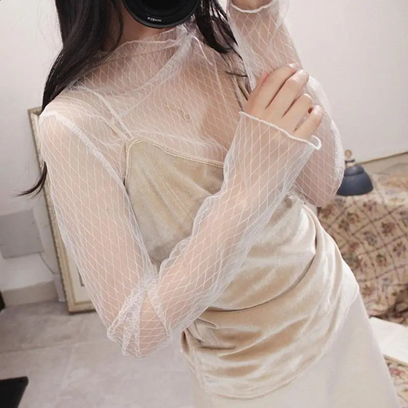 Lace Sheer Womens T-Shirt Fashion Mesh Summer Thin Bottom Shirt Transparent Long Sleeve Blouses Ladies Tops High Neck Tee Soli 260626 - view 7