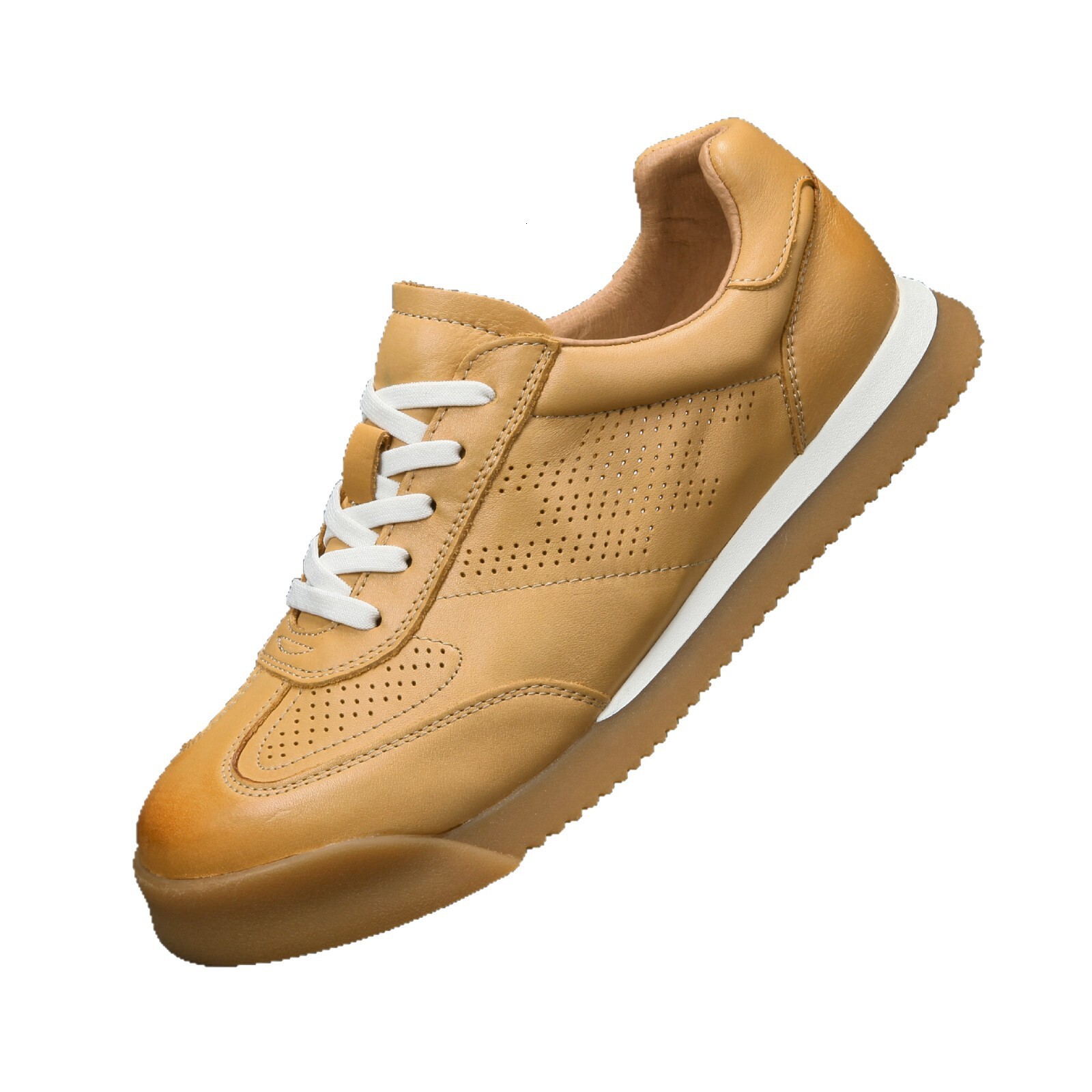 Designer Tan Leather Sneakers Men Free Shipping Breathable Perforated Non-slip Gum Sole Lightweight Business Casual Daily Walking Shoes