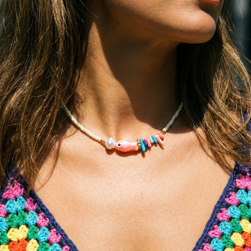 Boho White Rice Beaded Necklace for Women Cute Fish Pearl Colorful Pendant Choker Summer Beach Y2K Collar Jewelry Gift 260626 - view 4