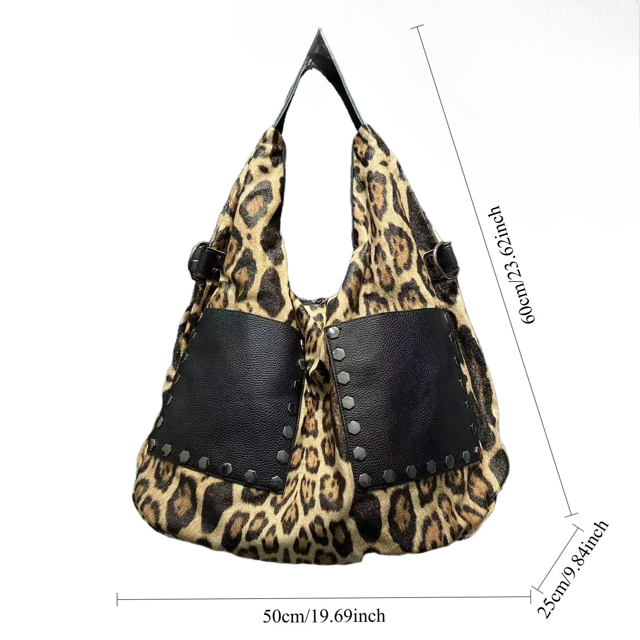 Exclusive Women's Fashion Personality Leopard Print Single Shoulder Large Capacity Genuine Leather Patchwork Rivet Crossbody Bag Underarm Bag Vin - view 6