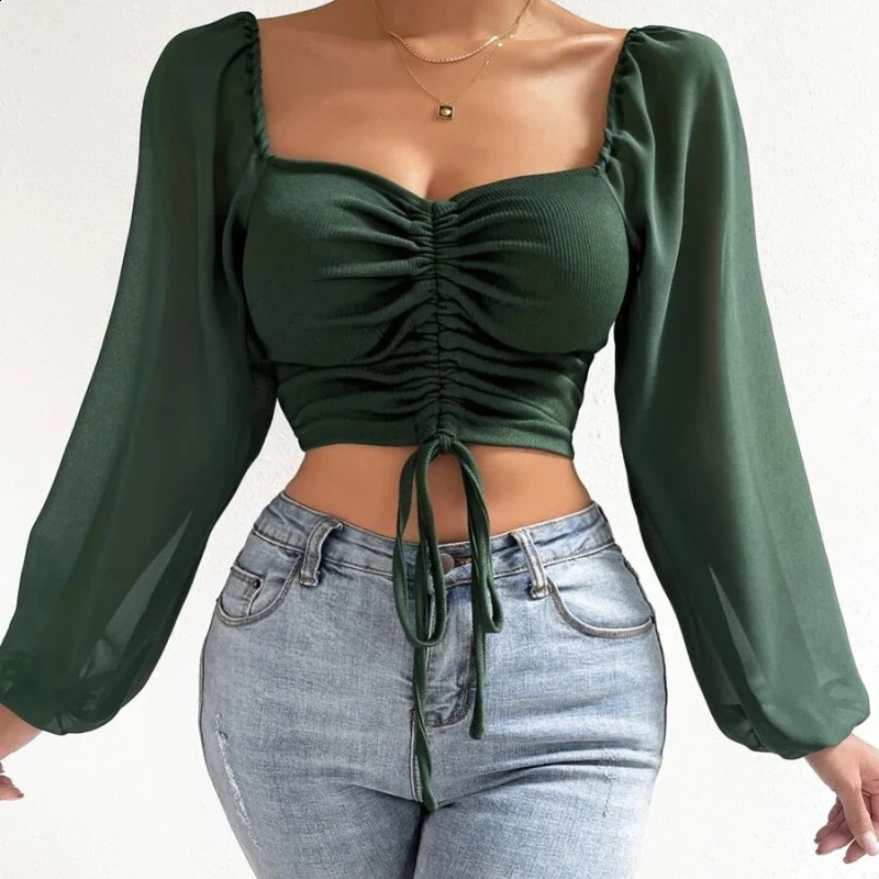 Womans Tops Puff Sleeve Sexy Close-Fitting Summer and Spring Lace up V-neck Fashion Solid Color Simple Long Sleeve 260626 - view 6