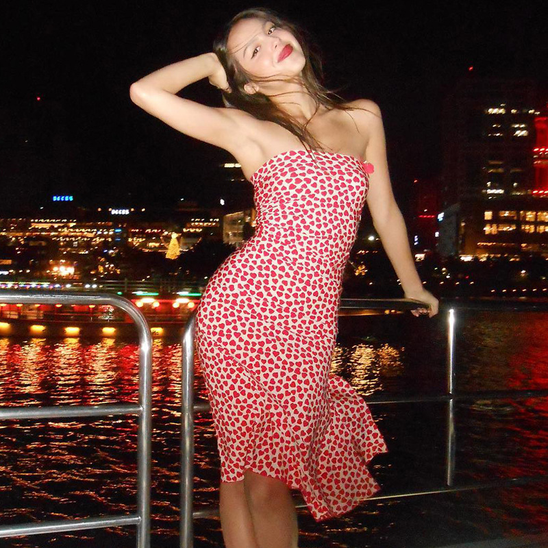 Womens Versatile Mini Dress Womens Retro Strapless Thin Strap Heart Print Slit Slim Fit Casual Short Gown For Women Daily Date Beach Nightclub Outfits - view 5