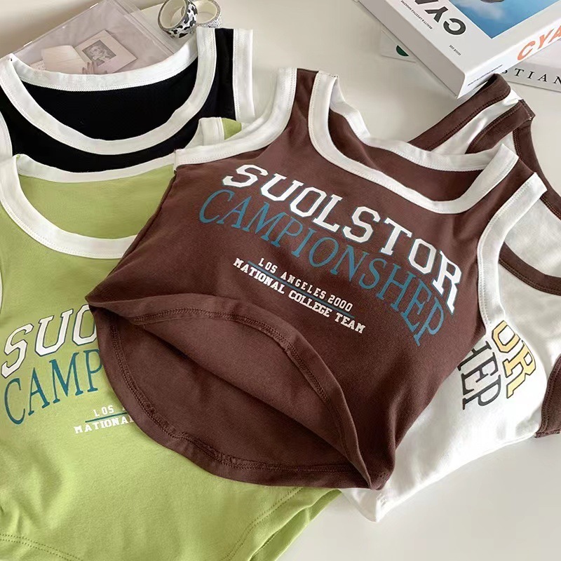 Color blocking printed letter wide shoulder vest, built-in chest cushion, anti exposure underwear, casual sports top, sleeveless top, sexy suspender - view 3