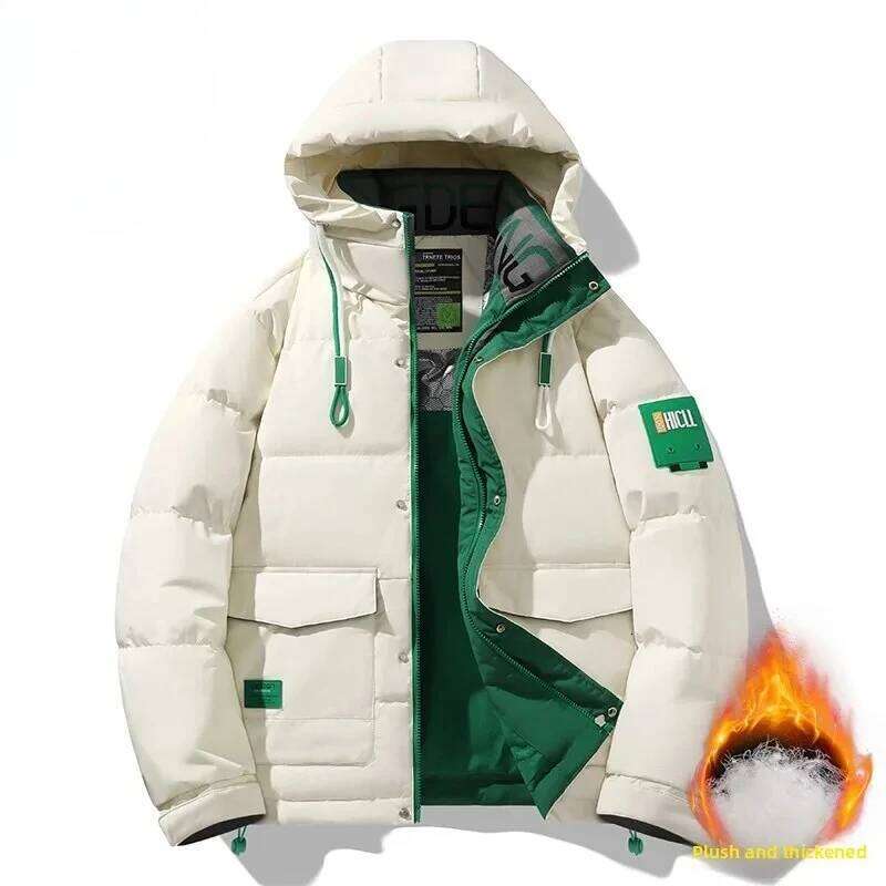 Men 2025 Trendy White Goose Down Thick Cold Proof Warm Hooded Pike Coat Outdoor Casual Winter Zipper Cotton Jacket J260626