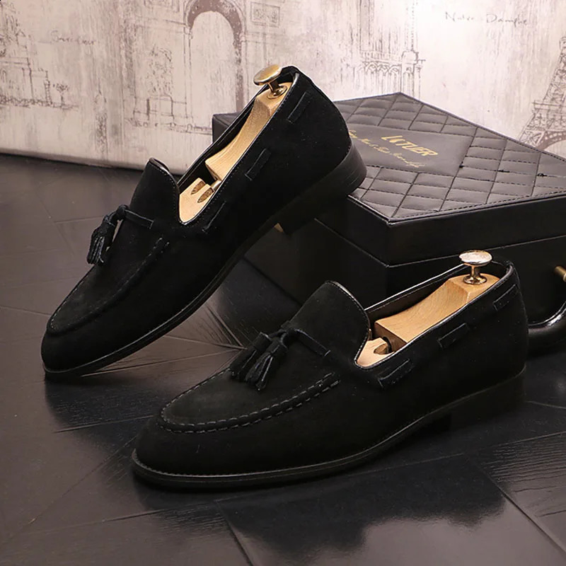 British Fashion Black Brown Tassels Suede Leather Shoes For Men Loafter Wedding Groom Dress Homecoming Business Flats Footwear 260624 - view 6
