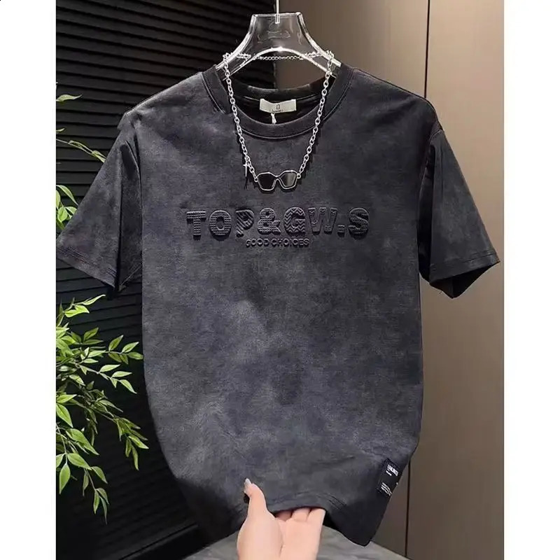 Summer Mens Short Sleeved T-shirt Ins Trendy Casual Letter n Steel Stamped Half sleeved Smudge Top 260626